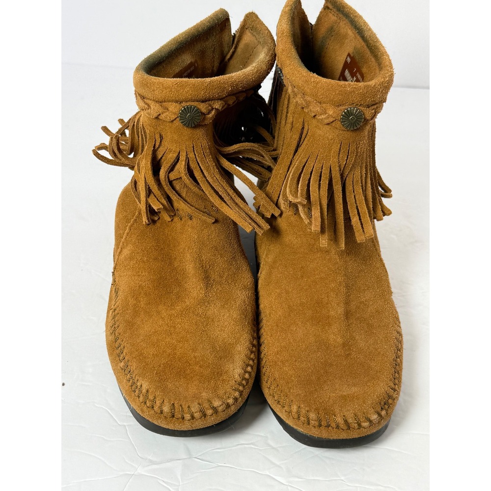 Minnetonka Womens 7 Tan Suede Fringe Hi Top Back Zip Moccasin Boots 292 Brown
